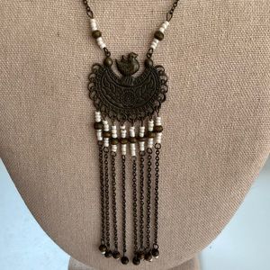 Whimsical bird design in metals tassels necklace adjustable